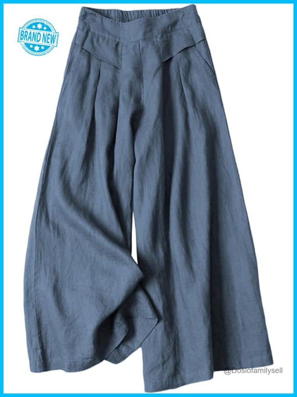 Women's Cotton Linen Wide Leg Culottes Capri Pants Elastic Waist Pockets